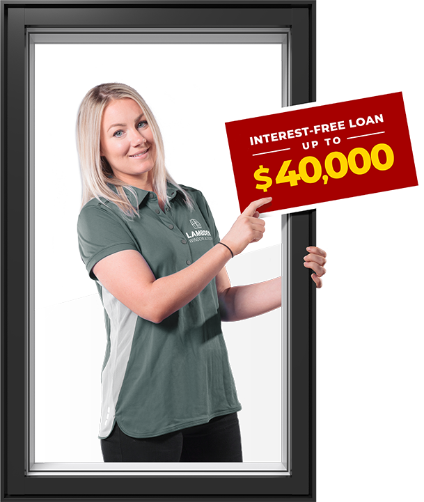 A Lambden sales representative points to a $40,000 interest-free loan graphic